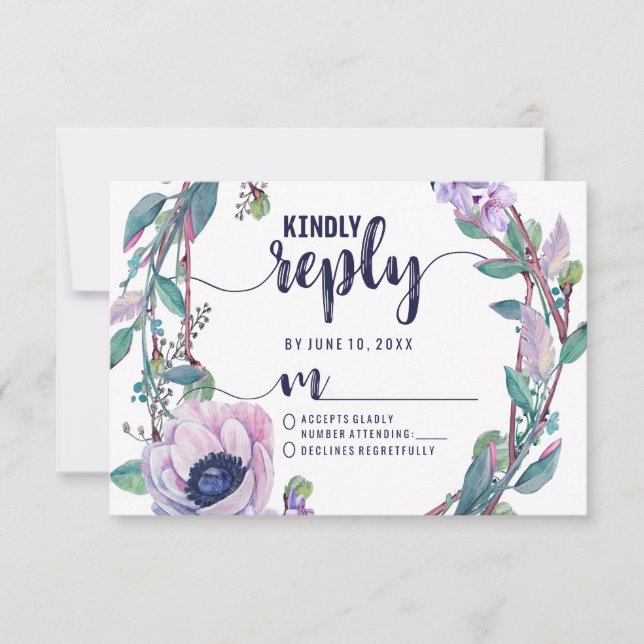 Boho Feather & Floral Wreath Wedding Reply RSVP (Front)