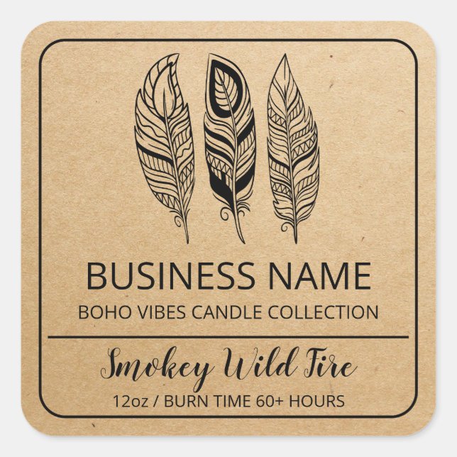 Boho Feather Kraft Papier Soy Chandelle Étiquettes (Devant)