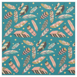 Boho Feather Pattern on Teal Fabric