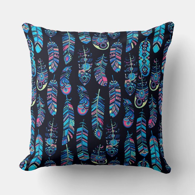 Boho Feather Pattern Throw Pillow (Front)
