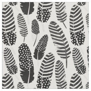 Boho Feather Pattern Watercolor Black and White Fabric