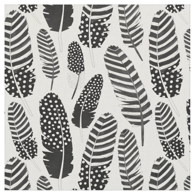 Boho Feather Pattern Watercolor Black and White Fabric (Close Up)