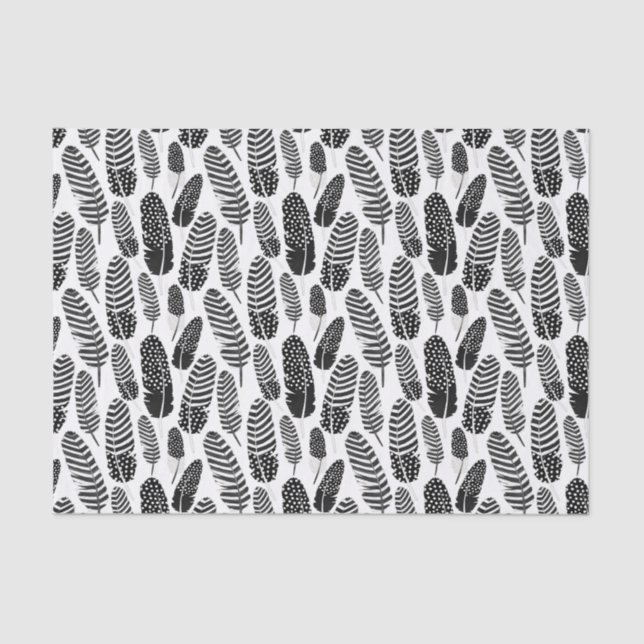 Boho Feather Pattern Watercolor Black and White Tissue Paper (Front)