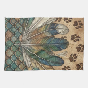 Boho Feather & Paw Prints Earthy Animal spiritual Kitchen Towel