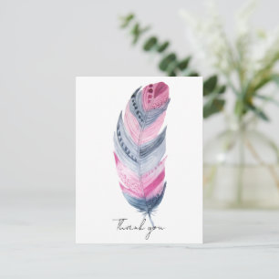Boho Feather Pink Grey Watercolor Thank you Postcard