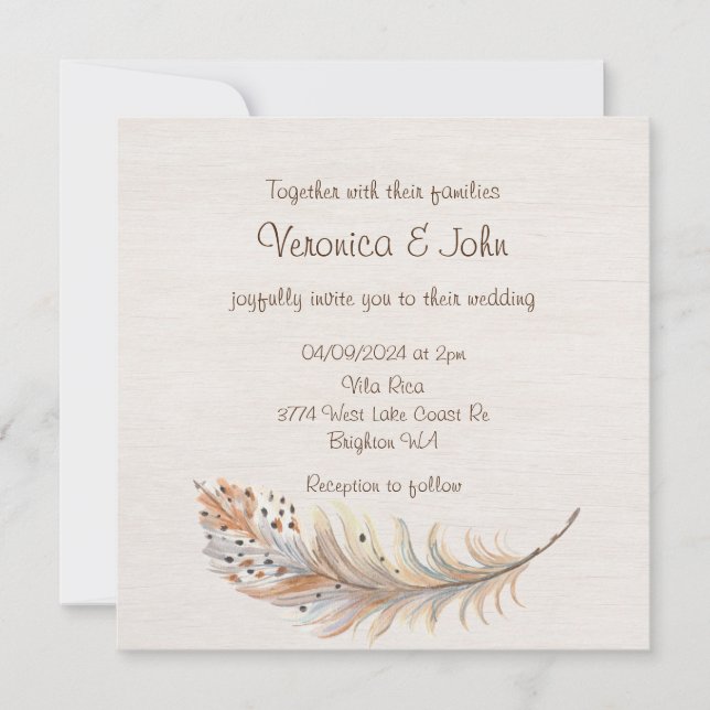 Boho feather rustic wedding invitation  (Front)