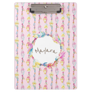 Boho feather watercolor art name pink clipboard