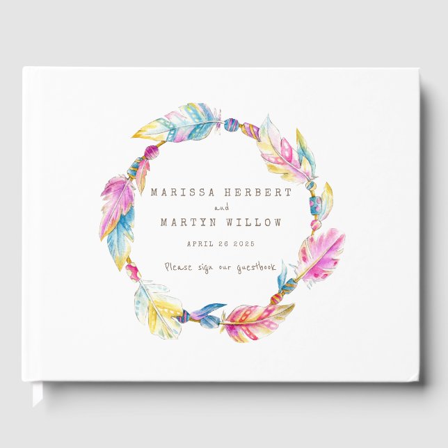 Boho feather watercolor colourful wedding guestboo guest book (Front)