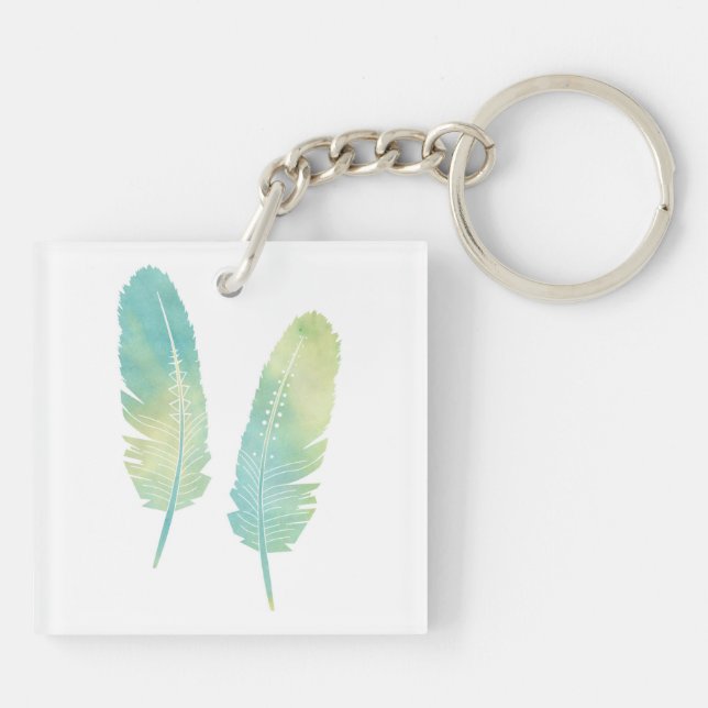 Boho Feather Watercolor Green and Blue Keychain (Back)