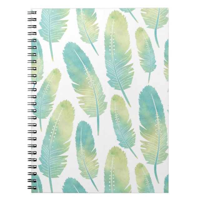 Boho Feather Watercolor Green and Blue Pattern Notebook (Front)