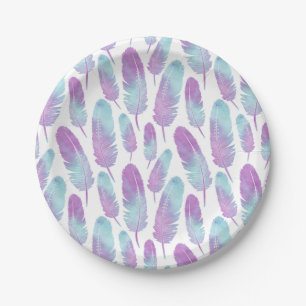 Boho Feather Watercolor Purple and Blue Paper Plate