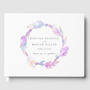 Boho feather watercolor purple wedding guestbook