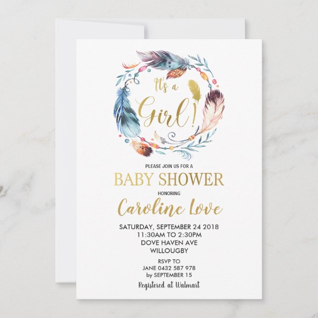 Boho Feather Wreath Baby shower Invitation Girl (Devant)