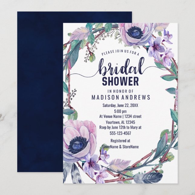 Boho Feather Wreath Bridal Shower Invitation (Front/Back)