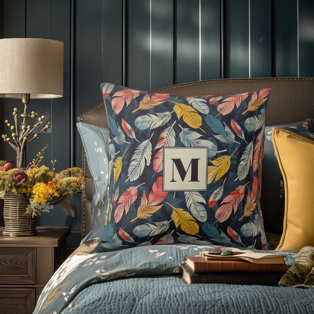 Boho Feathered Flair Monogram Accent Pillow (Creator Uploaded)