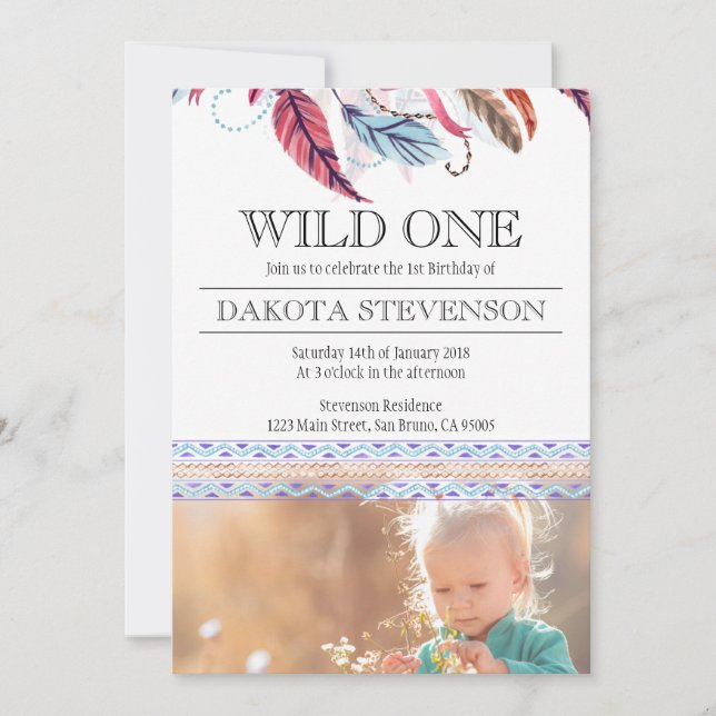 Boho Feathers 1st Birthday Photo Invitation (Front)