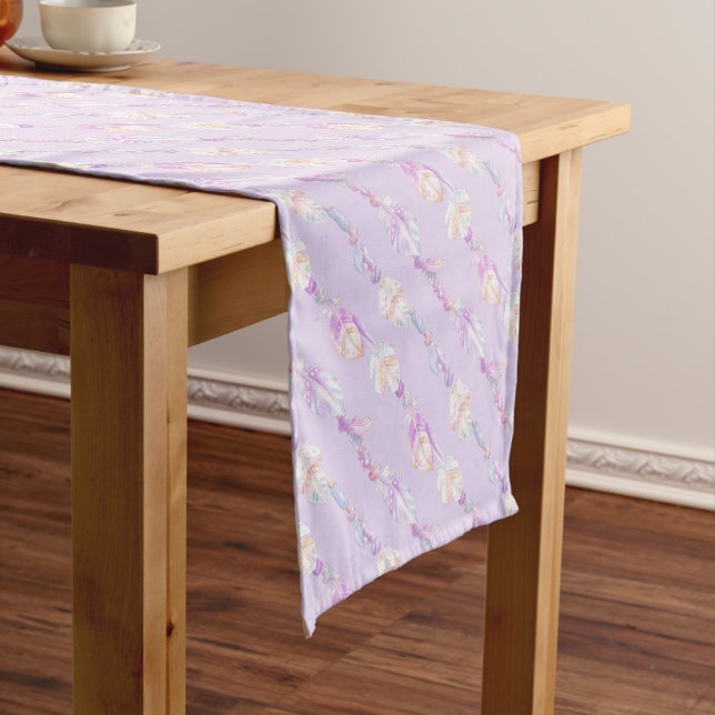 Boho feathers and beads pastel purple table runner (In Situ)