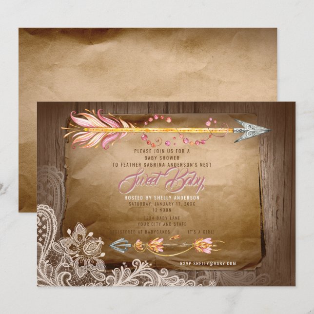 BOHO Feathers and Lace It's a Girl Baby Shower Invitation (Front/Back)