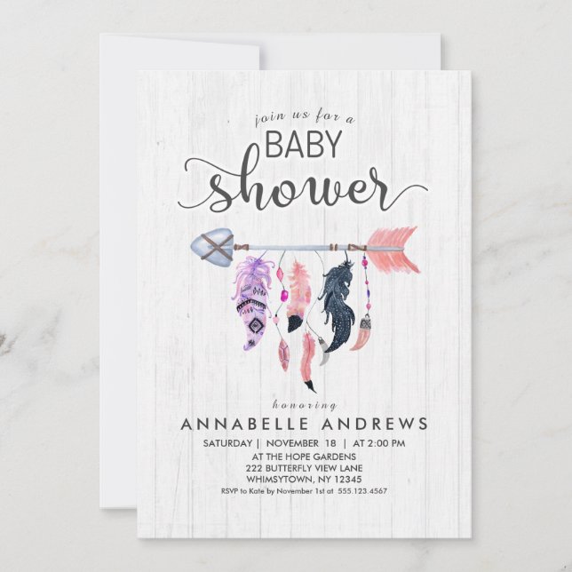 Boho Feathers & Arrow Baby Shower Invitation (Front)