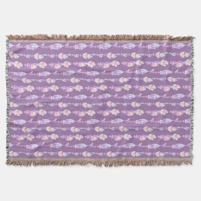Boho feathers beads watercolor art pattern throw (Front)