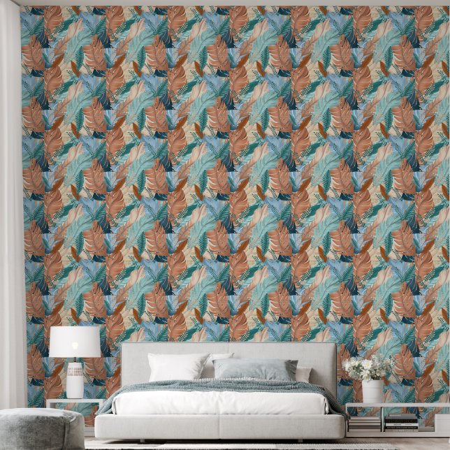 Boho feathers blue wallpaper (Bedroom)