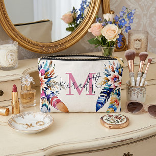 Boho feathers border personalized accessory pouch