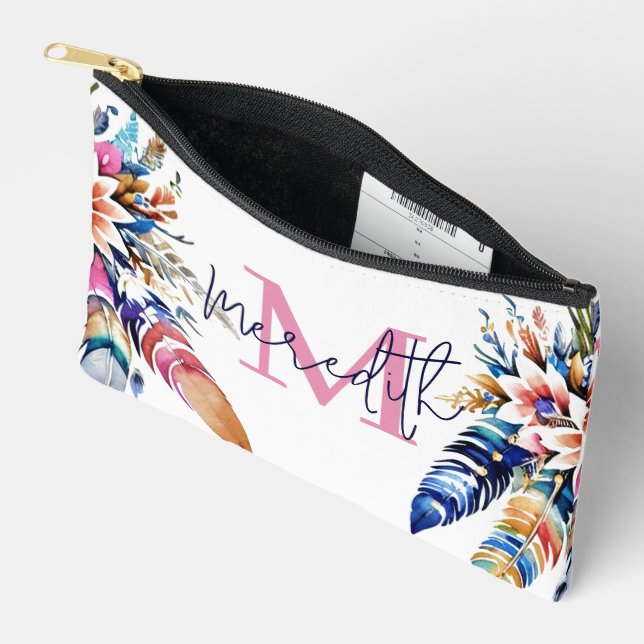 Boho feathers border personalized accessory pouch (Open)