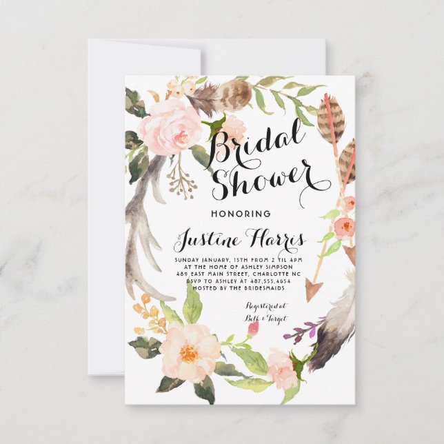 Boho feathers Bridal Shower Invitation (Front)
