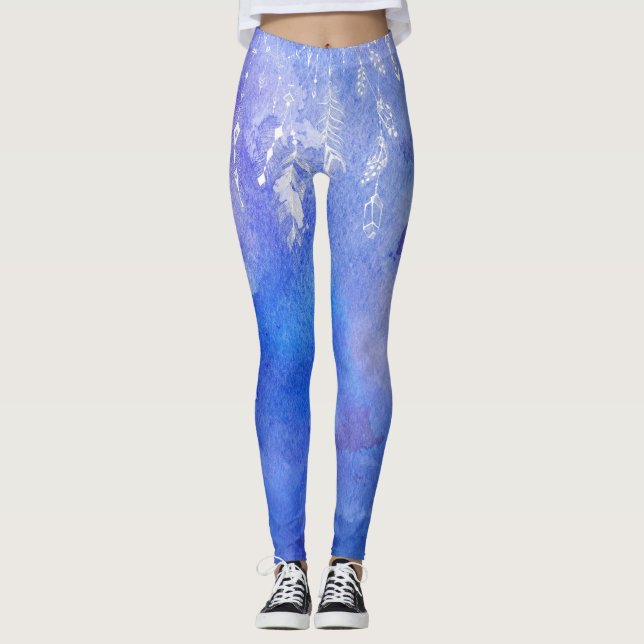 *~* Boho Feathers & Crystals Watercolor Soft Blue Leggings (Front)