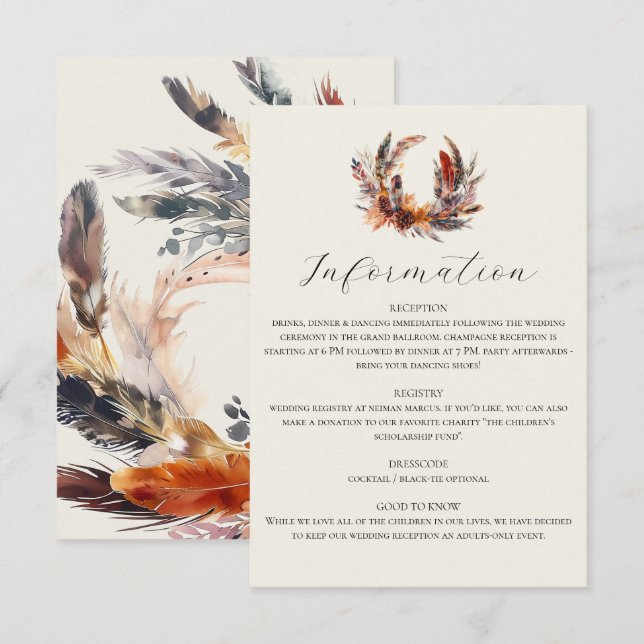 Boho Feathers Fall Wreath Calligraphy Wedding Enclosure Card (Front/Back)