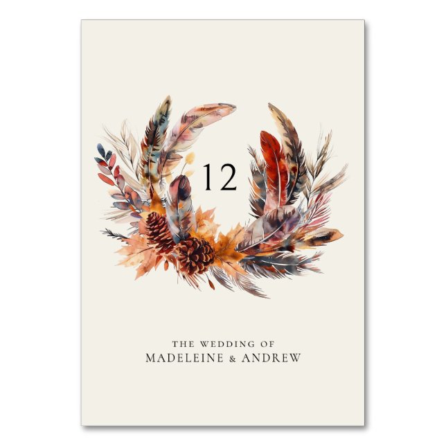 Boho Feathers Floral Wreath Fall Wedding Table Number (Front)