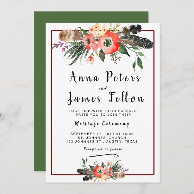 Boho Feathers Flowers Succulent Floral Wedding Invitation (Front/Back)
