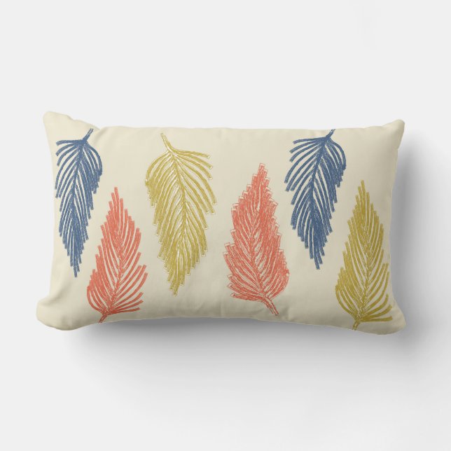 Boho Feathers in Blue, Orange, and Yellow  Lumbar Pillow (Front)