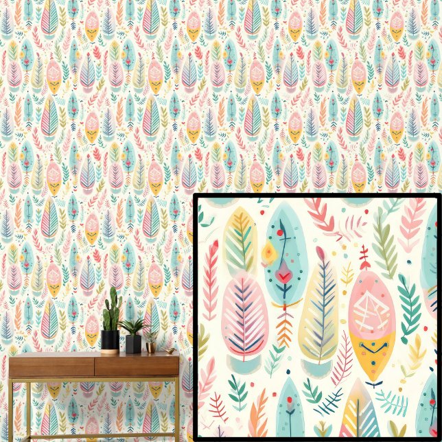 Boho Feathers Leaves Pastel Colours Wallpaper (Creator Uploaded)