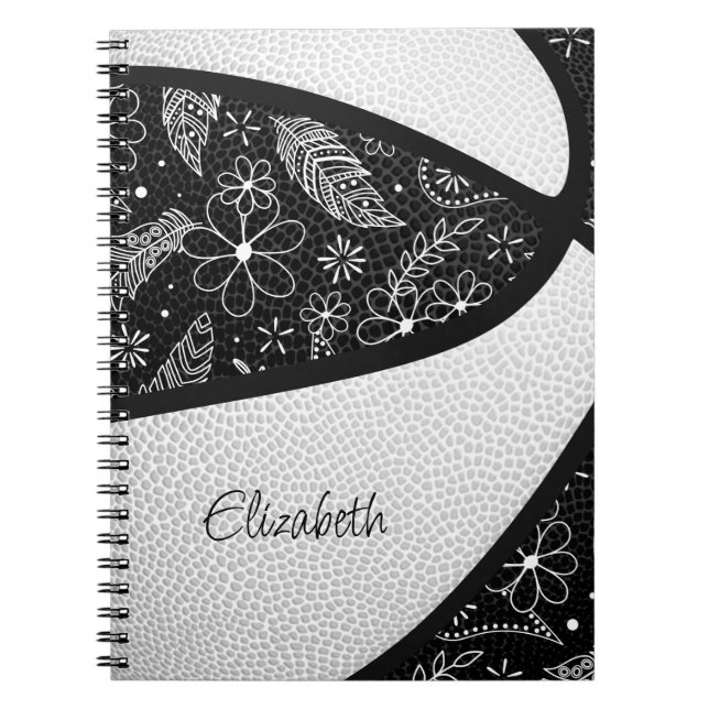 Boho feathers paislies black white basketball notebook (Front)