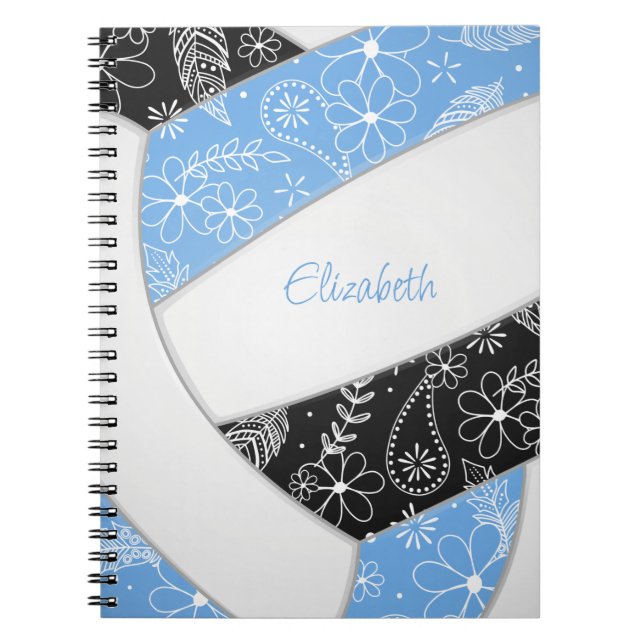 Boho feathers paislies lt blue black volleyball notebook (Front)