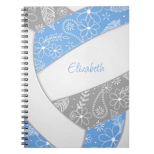 Boho feathers paislies lt blue grey volleyball notebook (Front)