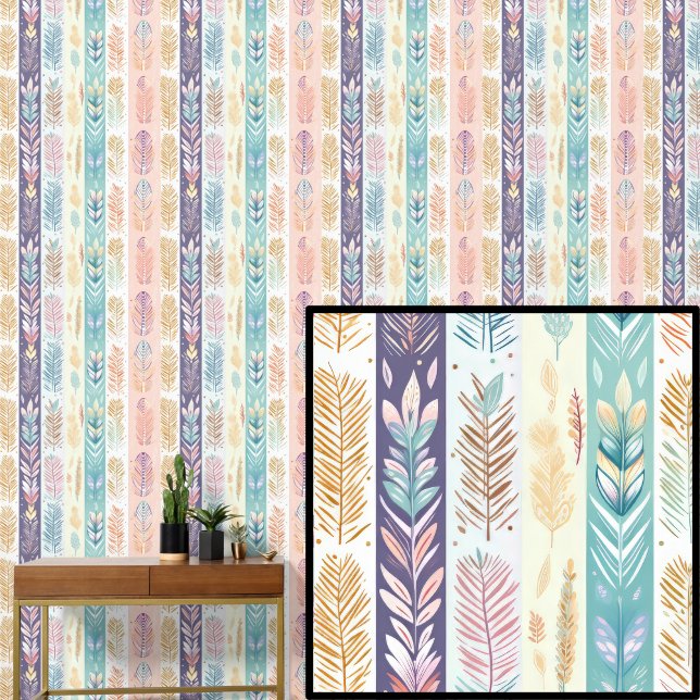 Boho Feathers Pastel Colours Striped Wallpaper (Creator Uploaded)