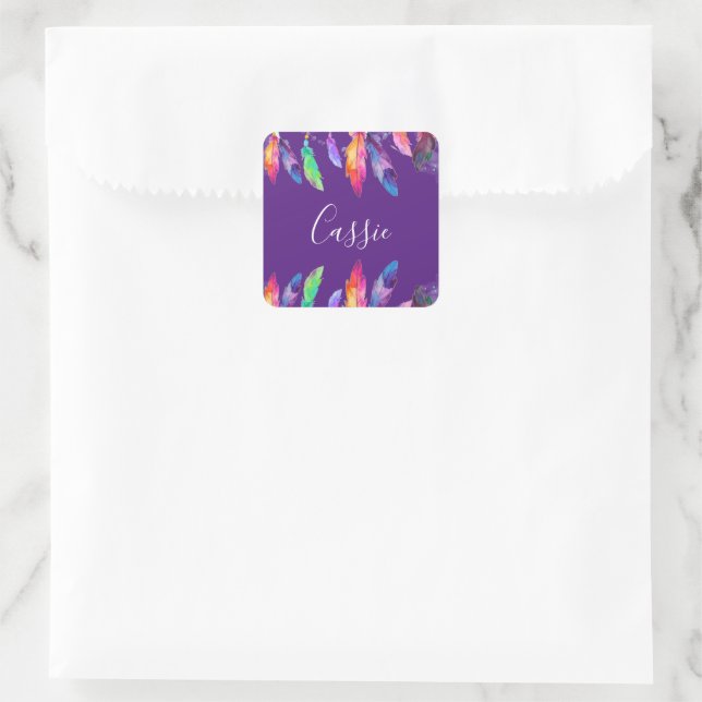 Boho feathers personalized notebook square sticker (Bag)