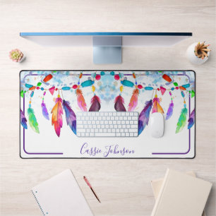 Boho feathers personalized notepad desk mat