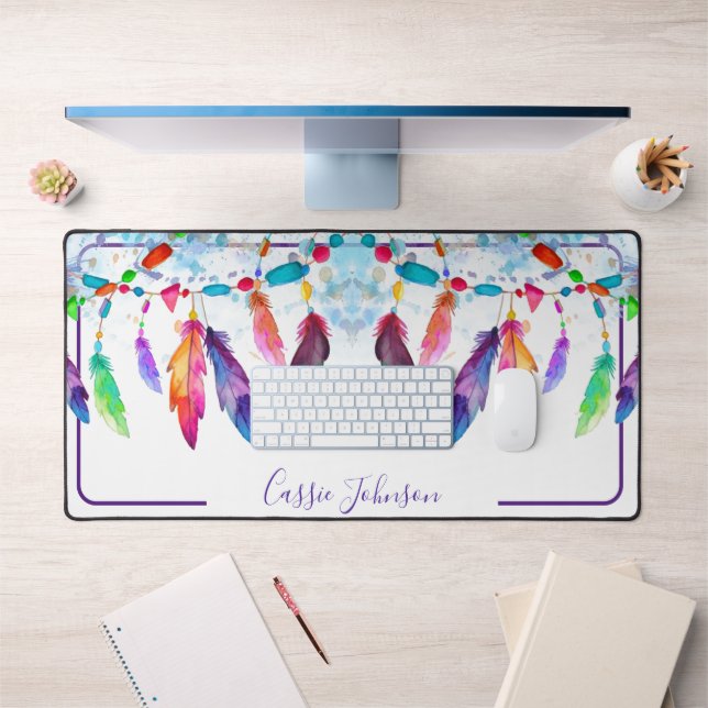 Boho feathers personalized notepad desk mat (Office 1)