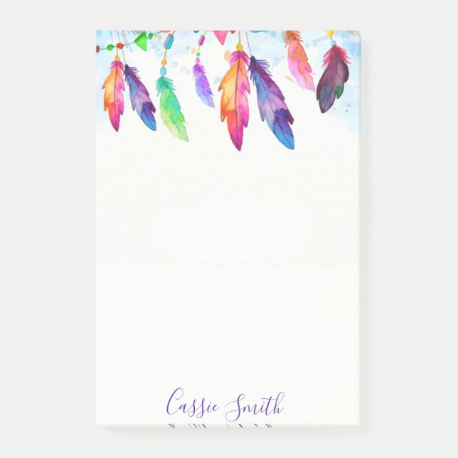 Boho feathers personalized post-it notes (Front)