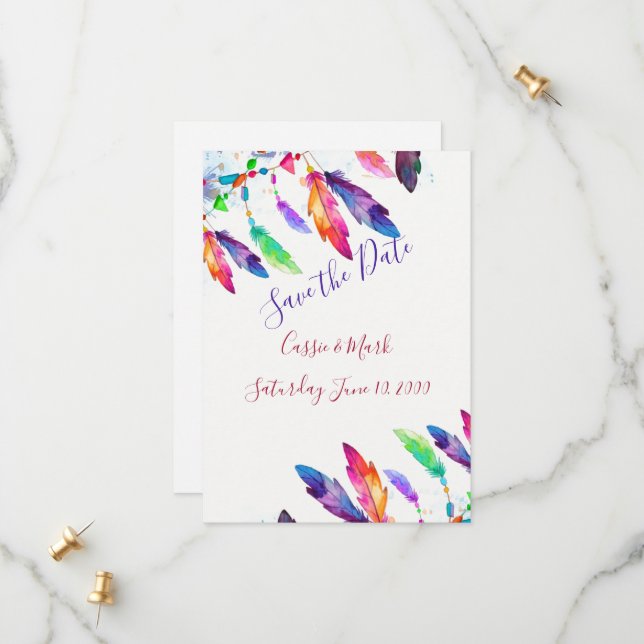 Boho feathers personalized save the date (Front/Back In Situ)