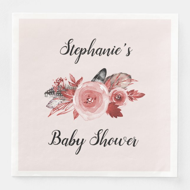 Boho Feathers Roses Blush Baby Shower Napkin (Front)