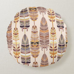 Boho Feathers: Tribal Seamless Pattern Round Pillow