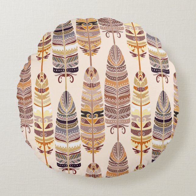Boho Feathers: Tribal Seamless Pattern Round Pillow (Front)