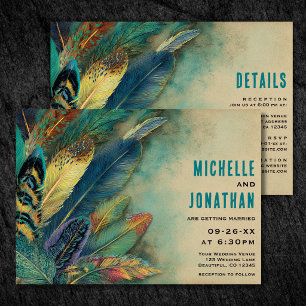 Boho Feathers   Turquoise Teal All in One Wedding Invitation