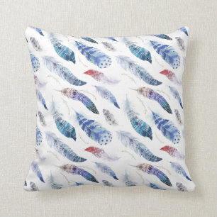 Boho Feathers Watercolor Pattern Throw Pillow