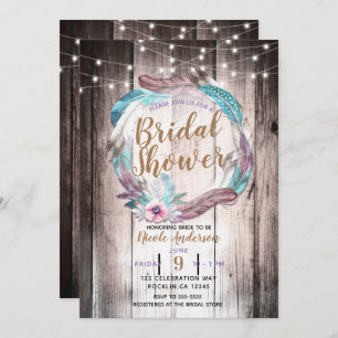 Boho Feathers Wreath & String Lights Bridal Shower Invitation