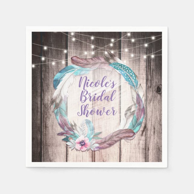Boho Feathers Wreath & String Lights Bridal Shower Napkin (Front)